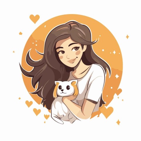 Cute girl holding a cat in her arms. Vector illustration.