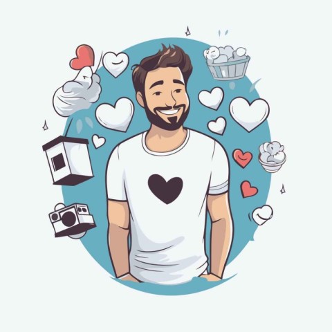 Hipster man with hearts around him. Vector illustration in carto