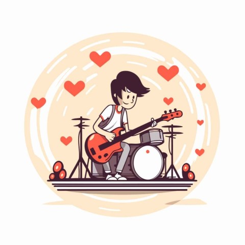 Vector illustration of a boy playing the guitar on the stage wit