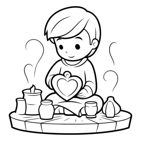 Black and White Cartoon Illustration of Little Boy Playing with