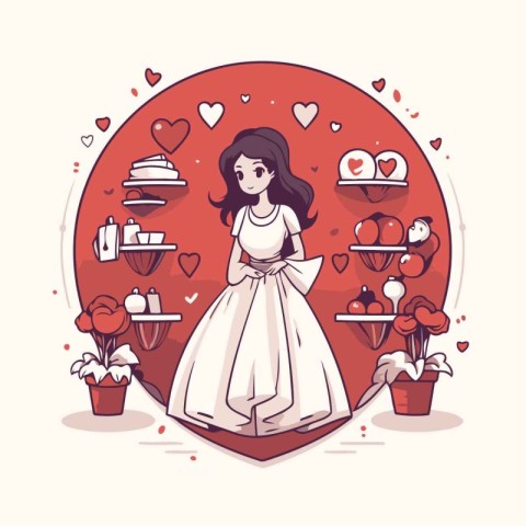 Vector illustration of a girl in a wedding dress on a red backgr