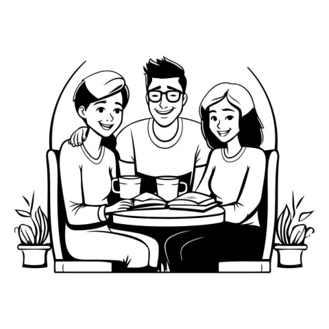 young people friends sitting in sofa drinking coffee cartoon vec