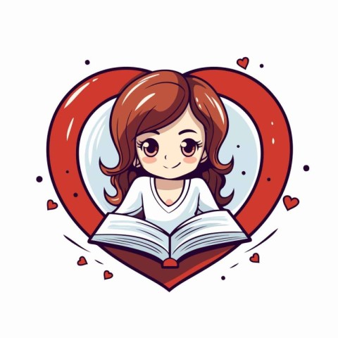 Cute cartoon girl reading a book in a heart shape. Vector illust