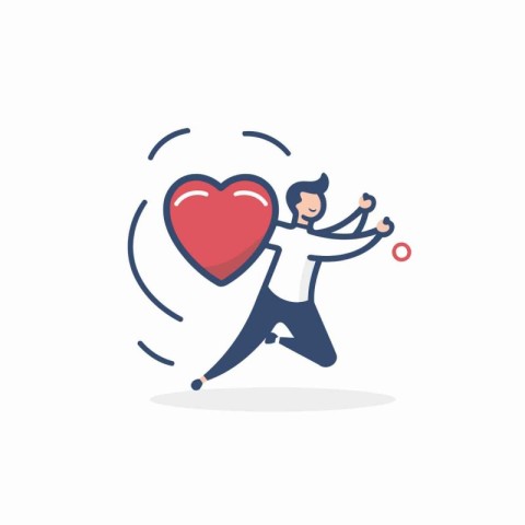 Businessman running with red heart. Love concept. Vector illustr