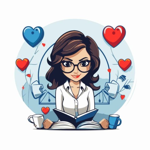 Woman reading a book with hearts around her. Vector cartoon illu