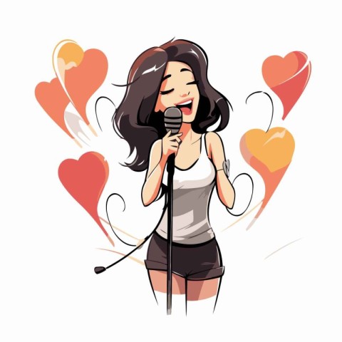 Cute cartoon girl singing karaoke with hearts. Vector illustrati