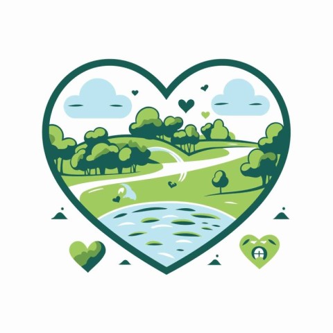 Heart shape with green trees and river. Vector illustration for