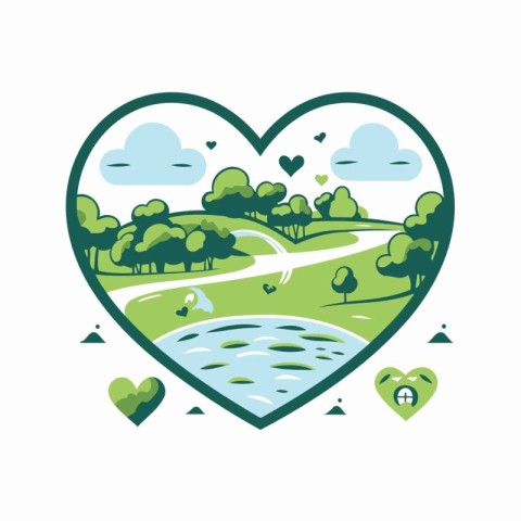 Heart shape with green trees and river. Vector illustration for