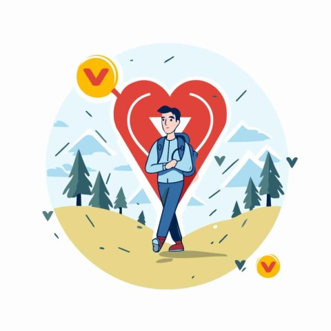 Vector illustration of a man with a heart in his hand. Flat styl