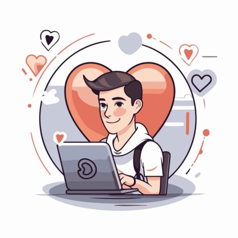 Young man with laptop and heart. Vector illustration in cartoon