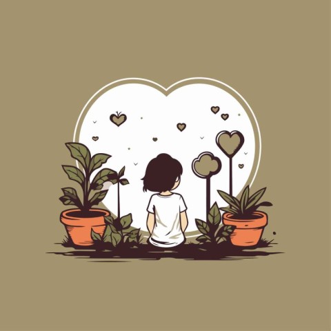 Illustration of a girl sitting in a flower pot and looking at th