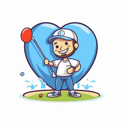 Cute little boy with heart shape balloon. Vector cartoon illustr