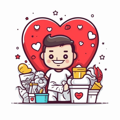 Cute boy with heart and trash. Valentine's day vector illustrati