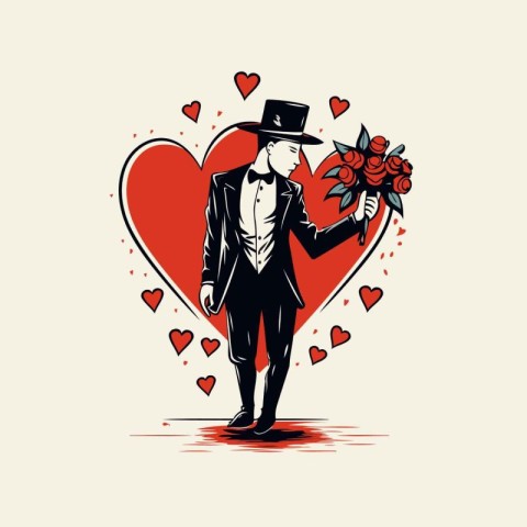 Gentleman with a bouquet of red roses. Vector illustration.