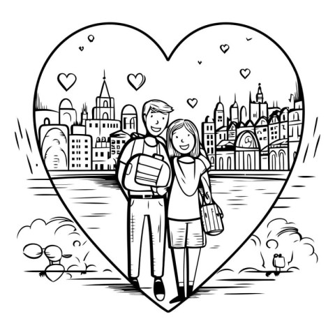 Happy Couple in Paris. France. Black and White Cartoon Vector Il