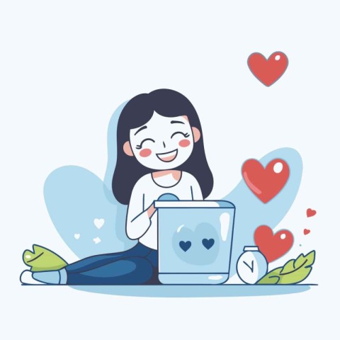 Girl using laptop computer with hearts around. Vector illustrati