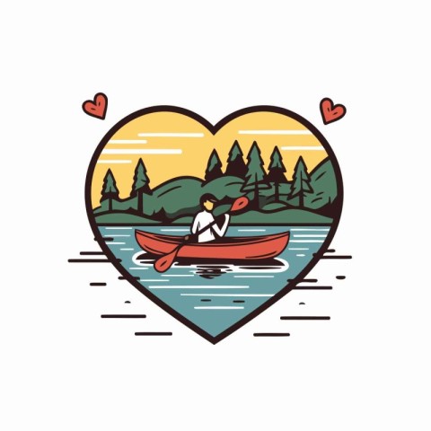 Couple kayaking in a heart shaped lake. Vector illustration.