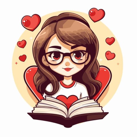 Cute cartoon girl in glasses reading a book. Vector illustration