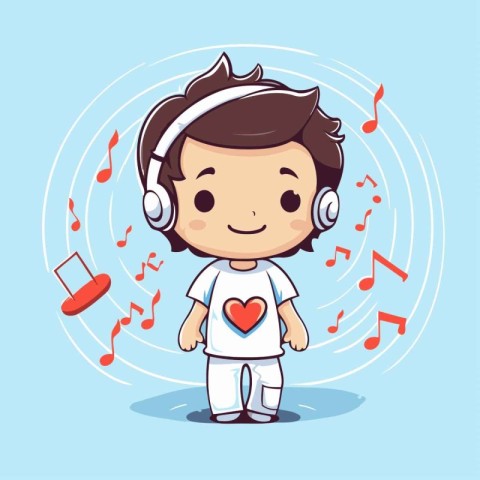 Cute boy listening to music with headphones. Vector cartoon illu