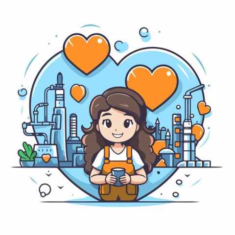 Cute girl with a cup of coffee in the city. Vector illustration.