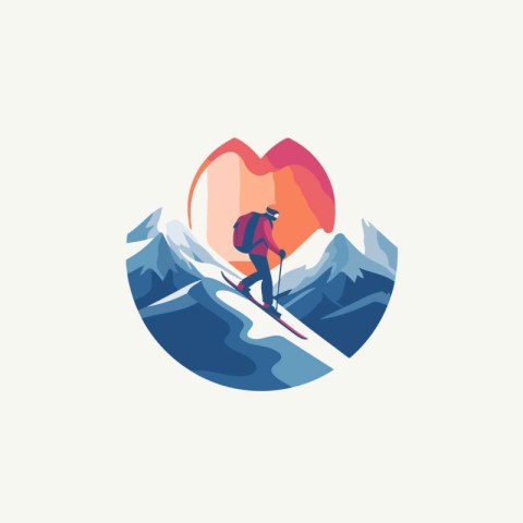 Hiker in the mountains with a big red heart. Vector illustration