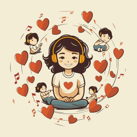 Illustration of a girl listening to music with her family. Vecto