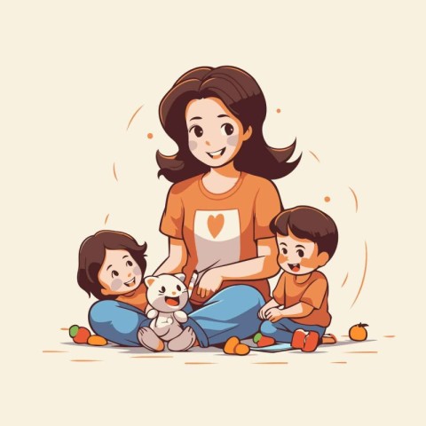 Mother and children playing with toys. Vector illustration in ca