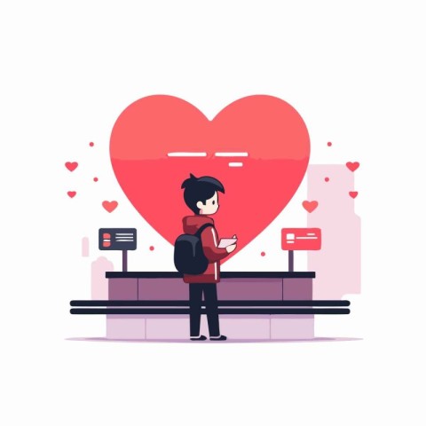 Vector illustration of a man with a backpack and a red heart.