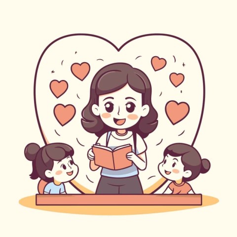 Mother reading a book to her kids. Vector illustration in cartoo