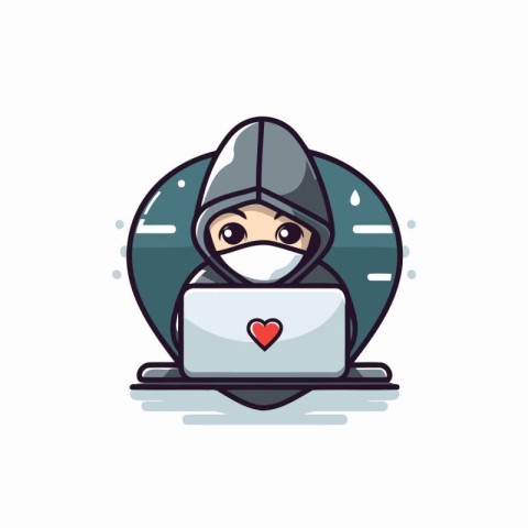 Hacker with laptop and heart. Vector illustration. Flat design.