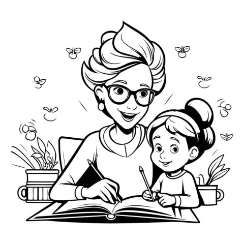 Mother and daughter reading a book together. Black and white vec