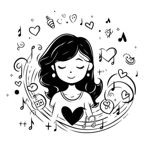 Girl with a heart and musical notes. Vector illustration in dood