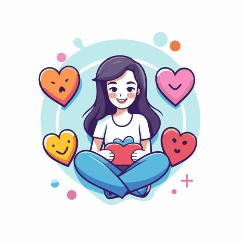 Cute cartoon girl with gift box and hearts. Vector illustration.