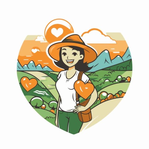 Vector illustration of a young woman with a heart in her hand.