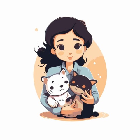 Girl holding a cat and dog. Vector illustration in cartoon style