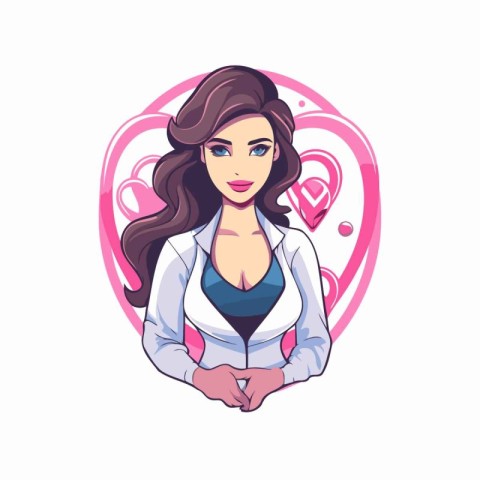 Beautiful young woman in a white coat. Vector illustration in ca