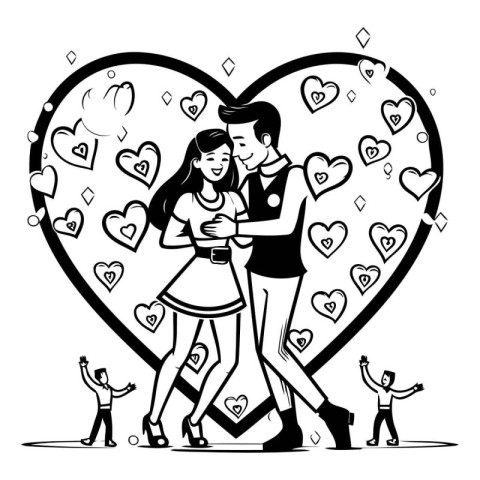 Vector illustration of happy couple in love with hearts. Black a