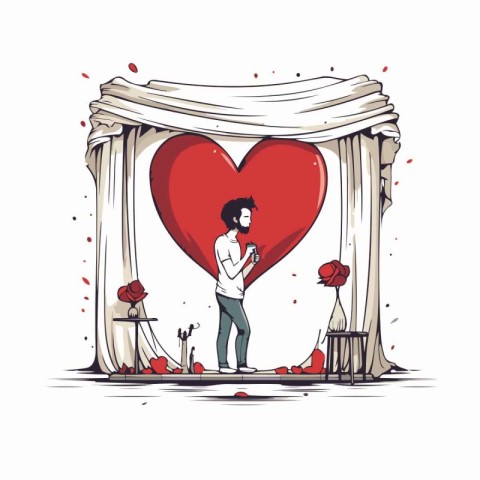 Man standing near the big red heart. Love concept. Vector illust