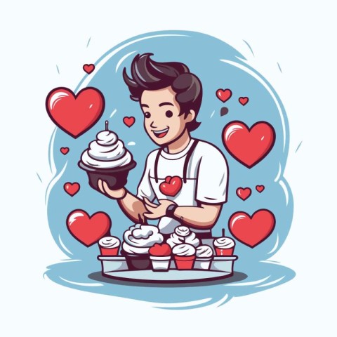 Vector illustration of a young man decorating cupcakes with hear