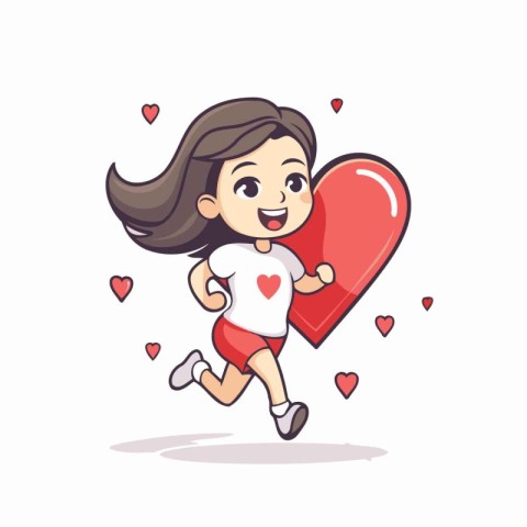 Cute little girl running with big red heart. vector illustration