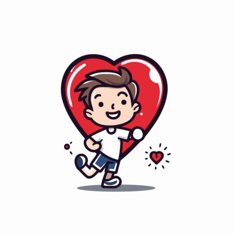 Cute boy holding big red heart. Valentine's day cartoon vector i