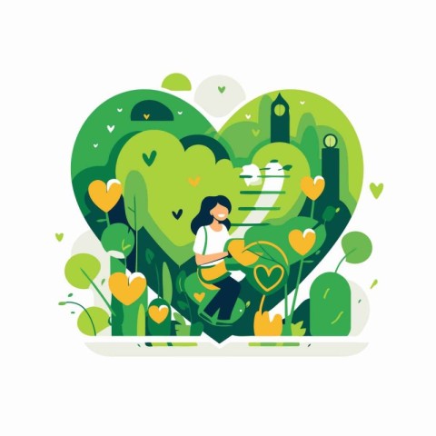 Vector illustration of a girl sitting on the grass in the heart.