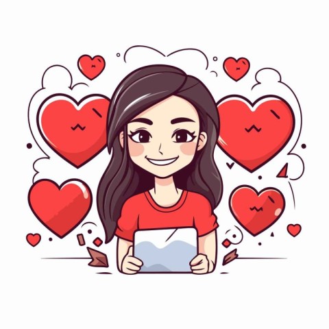 Cute cartoon girl holding tablet with hearts around. Vector illu