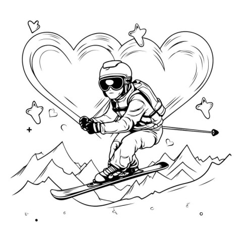 Skiing in the mountains. Monochrome vector illustration.