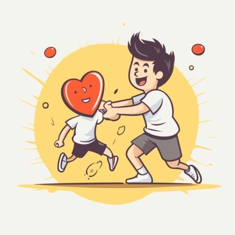 Vector illustration of a boy running with a red heart in his han