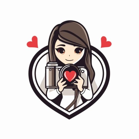 Cute girl photographer holding a camera and a heart. Vector illu