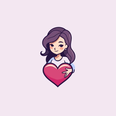 Beautiful girl with long hair holding a heart. Vector illustrati