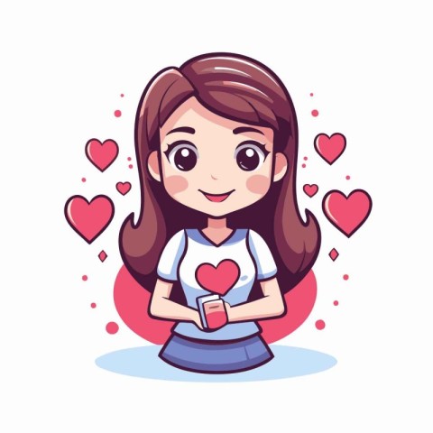 Cute girl holding a red heart. Vector illustration in cartoon st