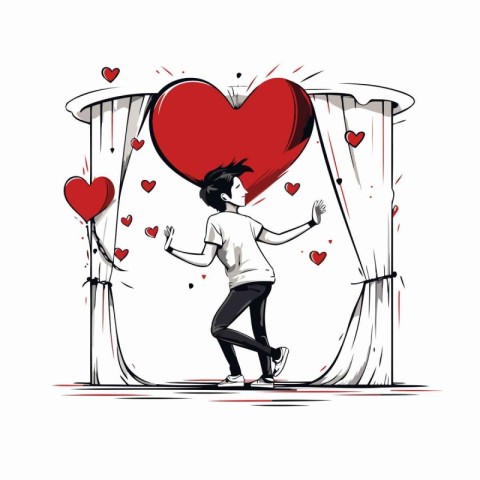 Young man with a red heart in his hand. Vector illustration.