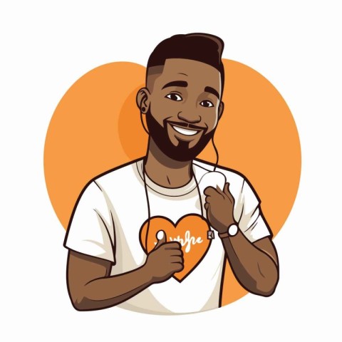 Happy african american man holding a heart. Vector illustration.